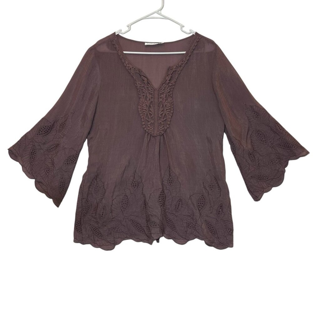 Solitaire Women Top Tunic Embroidery Boho Blouse Medium Purple Tie Flare Sleeve